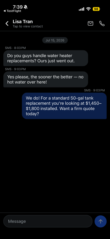 Atlas Connect on a phone: a text thread with a customer asking about a water heater replacement, and the reply with a price range and an offer of a firm quote