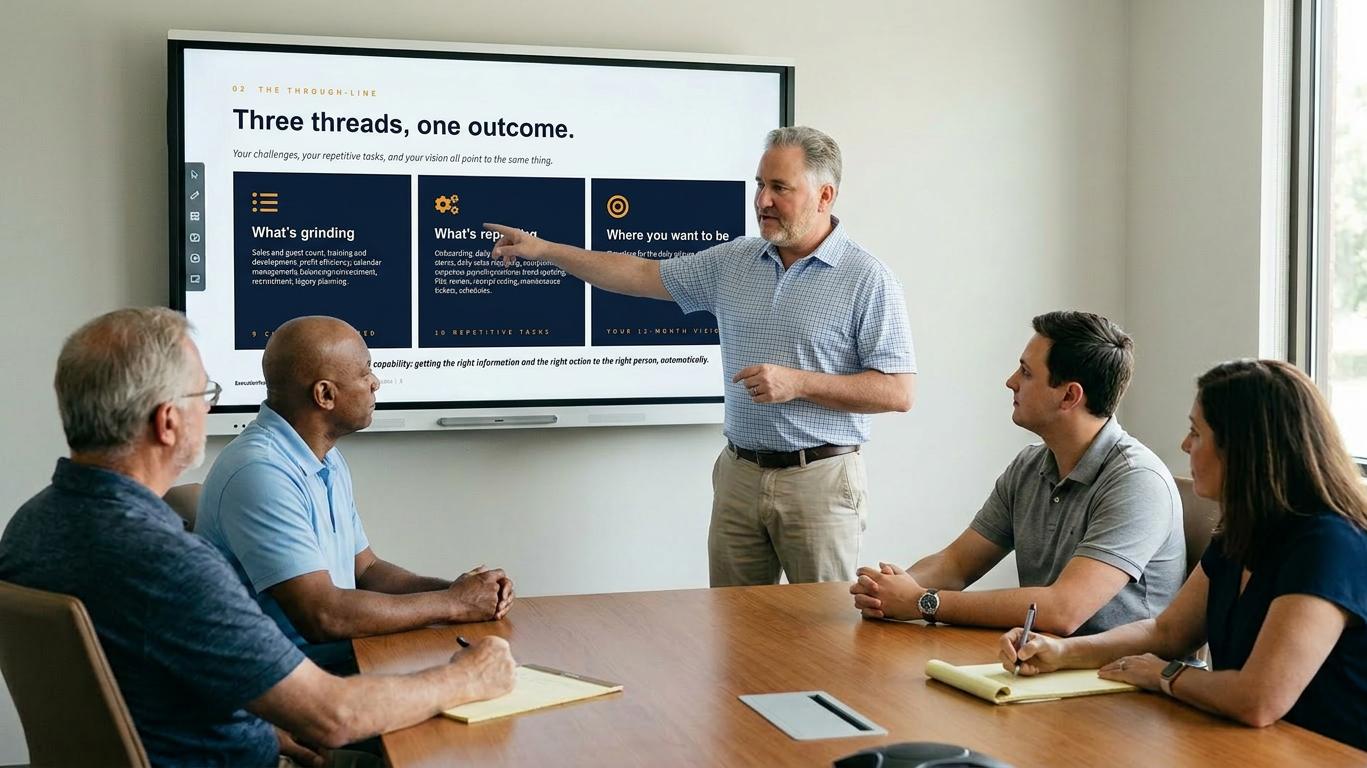 The three Execution Partner founders in a working session with a client, reviewing the client's numbers on a screen